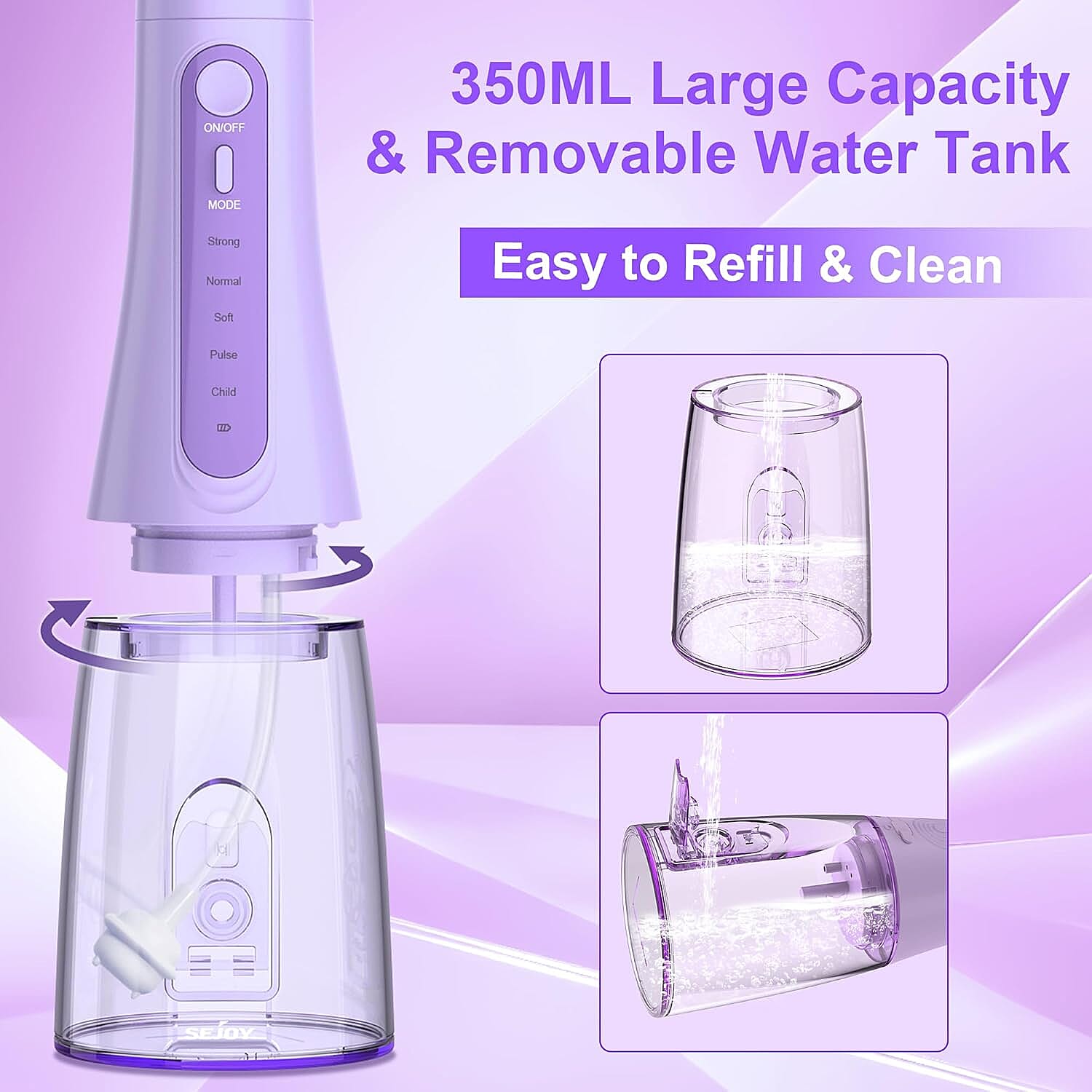 SEJOY Cordless Water Flosser with 5 Cleaning Modes, 6 Jet Tips & IPX7 Waterproof Design - Purple